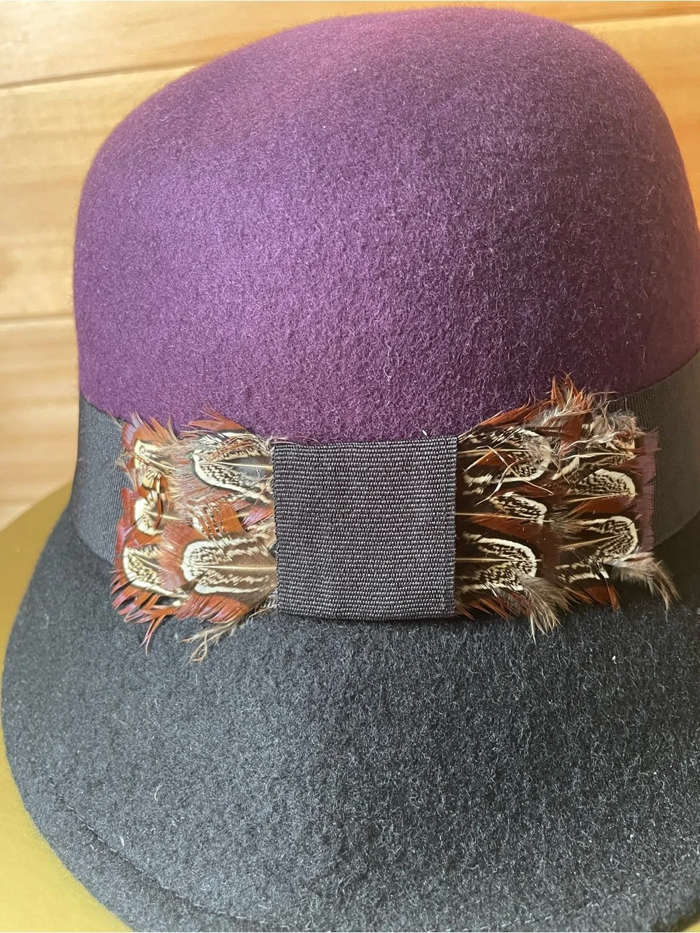Swan Hat New York Wool Purple and Black Felt Cloche Hat with Feather Trim